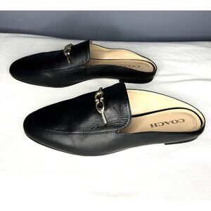 Coach Shoes Womens 8.5 Sienna Mules Loafers Slip On Black Gold Logo Flats Luxury